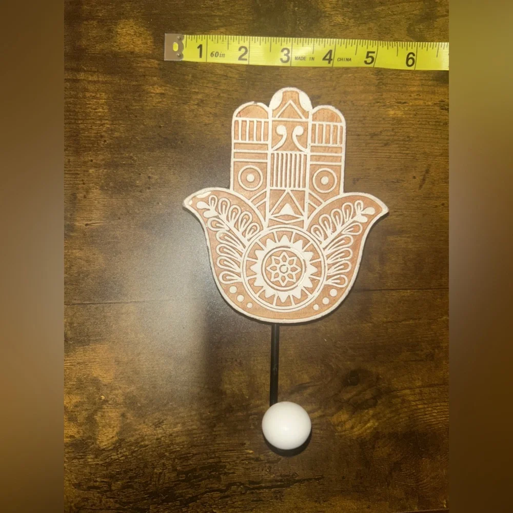 Hamsa Brown and White Wall Hook with Intricate Patterns - Picture 3 of 5